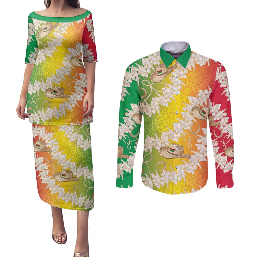 Vanuatu Cowboy Couples Matching Puletasi and Long Sleeve Button Shirt Straw Hats Hibiscus With Sand Drawing - Polynesian Pride