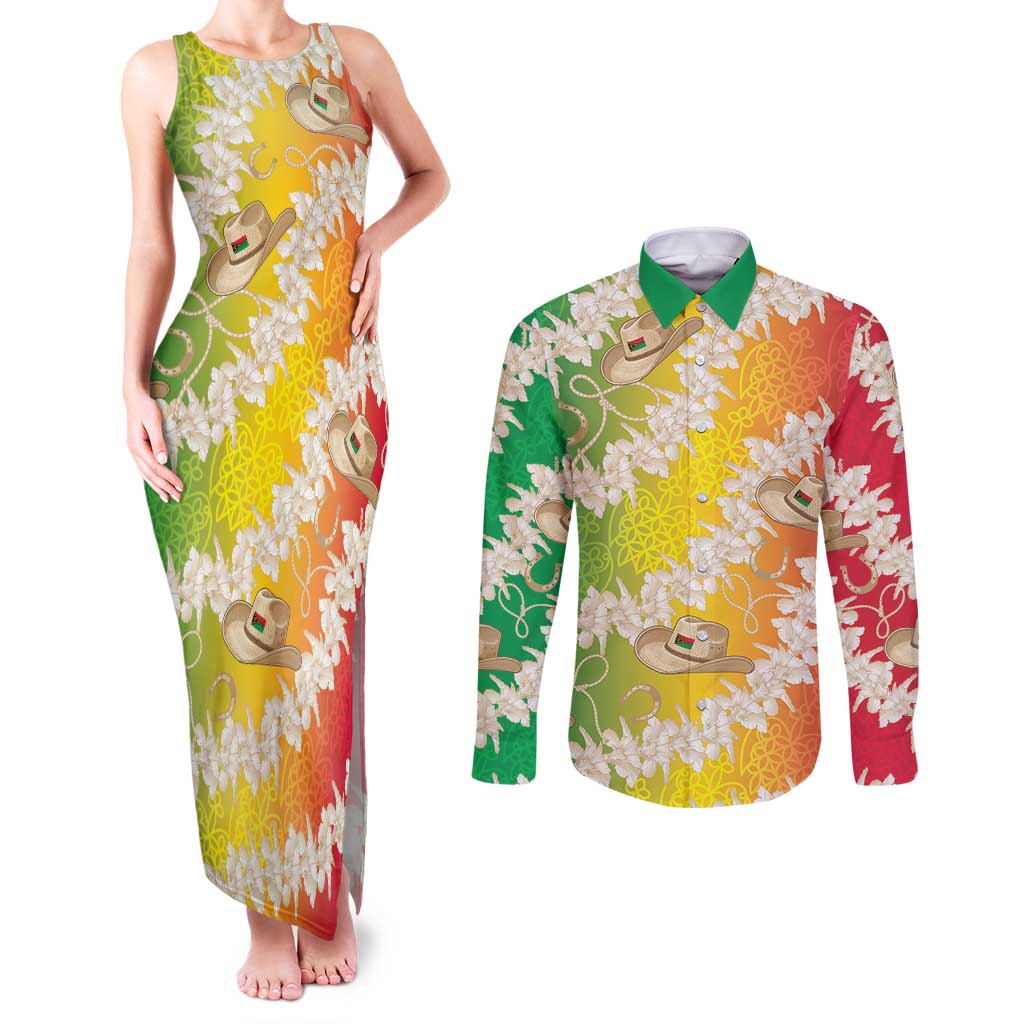 Vanuatu Cowboy Couples Matching Tank Maxi Dress and Long Sleeve Button Shirt Straw Hats Hibiscus With Sand Drawing - Polynesian Pride