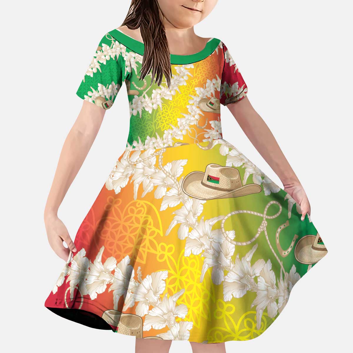 Vanuatu Cowboy Kid Short Sleeve Dress Straw Hats Hibiscus With Sand Drawing - Polynesian Pride