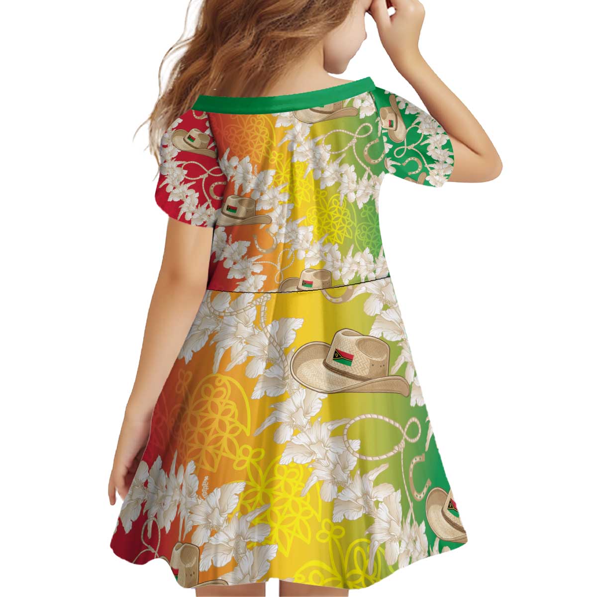 Vanuatu Cowboy Kid Short Sleeve Dress Straw Hats Hibiscus With Sand Drawing - Polynesian Pride