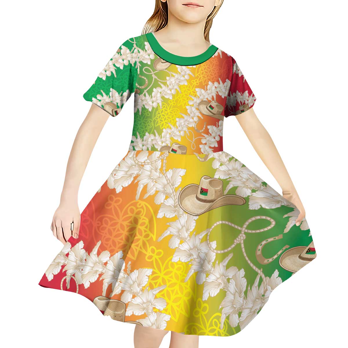 Vanuatu Cowboy Kid Short Sleeve Dress Straw Hats Hibiscus With Sand Drawing - Polynesian Pride