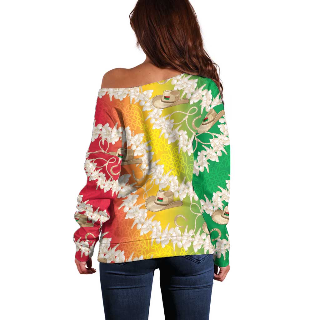 Vanuatu Cowboy Off Shoulder Sweater Straw Hats Hibiscus With Sand Drawing - Polynesian Pride