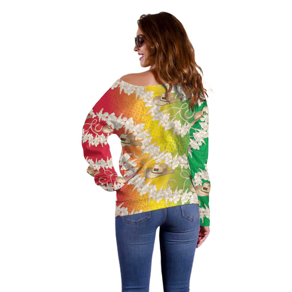 Vanuatu Cowboy Off Shoulder Sweater Straw Hats Hibiscus With Sand Drawing - Polynesian Pride