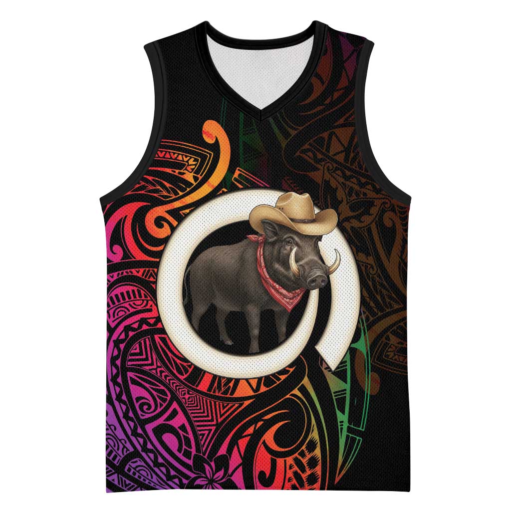 Vanuatu Boar Cowboy Basketball Jersey Tusk Gradient Polynesian Pattern - Polynesian Pride