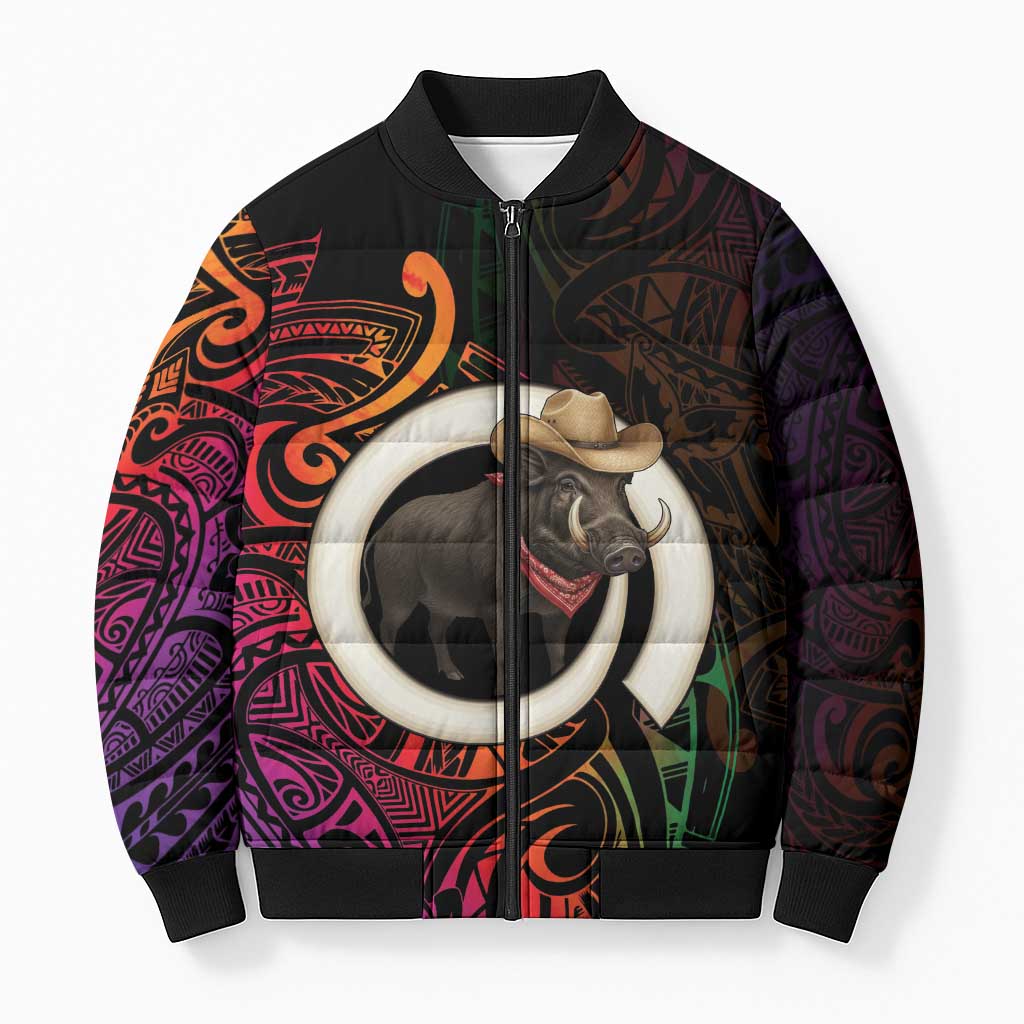 Vanuatu Boar Cowboy Bomber Puffer Jacket Tusk Gradient Polynesian Pattern - Polynesian Pride