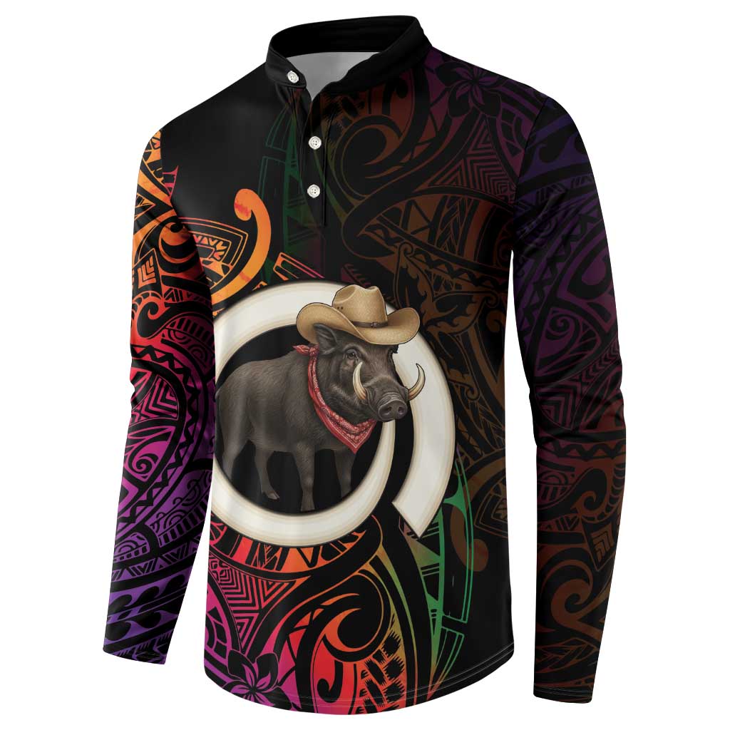 Vanuatu Boar Cowboy Button Sweatshirt Tusk Gradient Polynesian Pattern - Polynesian Pride