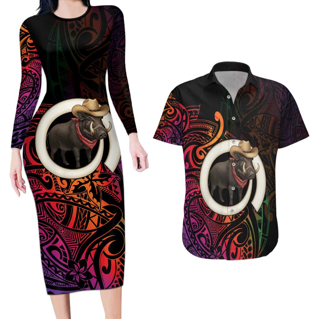 Vanuatu Boar Cowboy Couples Matching Long Sleeve Bodycon Dress and Hawaiian Shirt Tusk Gradient Polynesian Pattern - Polynesian Pride