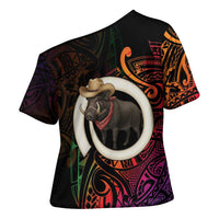 Vanuatu Boar Cowboy Cross Shoulder Shirt Tusk Gradient Polynesian Pattern - Polynesian Pride
