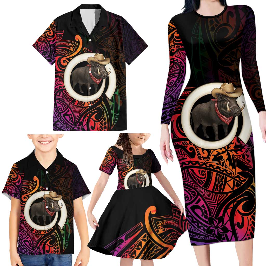 Vanuatu Boar Cowboy Family Matching Long Sleeve Bodycon Dress and Hawaiian Shirt Tusk Gradient Polynesian Pattern - Polynesian Pride