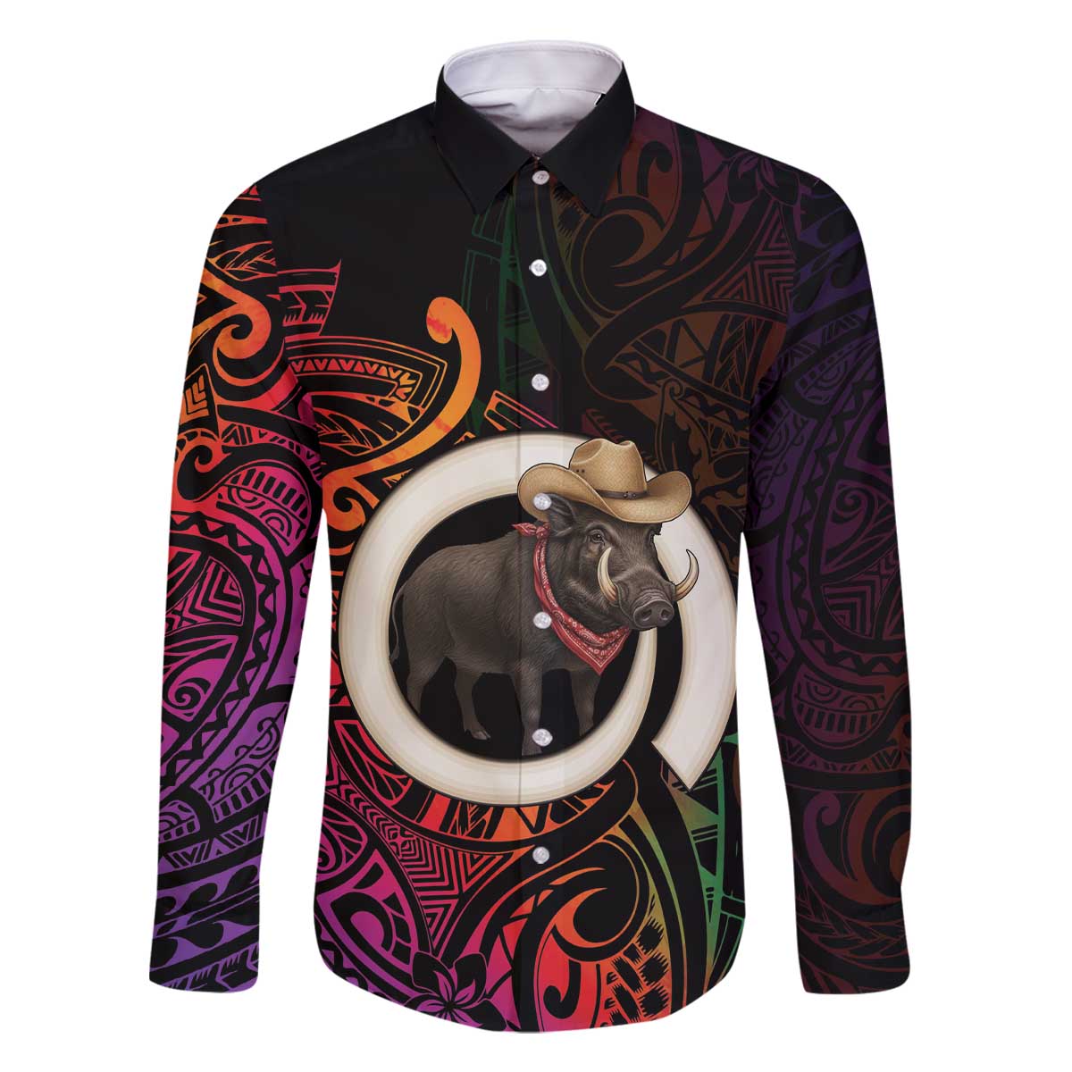 Vanuatu Boar Cowboy Family Matching Off The Shoulder Long Sleeve Dress and Hawaiian Shirt Tusk Gradient Polynesian Pattern - Polynesian Pride