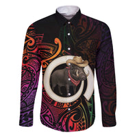 Vanuatu Boar Cowboy Family Matching Off The Shoulder Long Sleeve Dress and Hawaiian Shirt Tusk Gradient Polynesian Pattern - Polynesian Pride