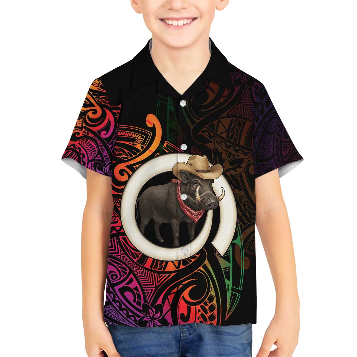 Vanuatu Boar Cowboy Family Matching Off The Shoulder Long Sleeve Dress and Hawaiian Shirt Tusk Gradient Polynesian Pattern - Polynesian Pride