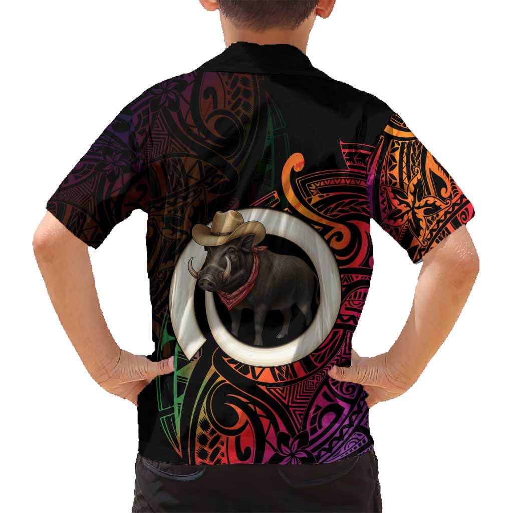 Vanuatu Boar Cowboy Family Matching Off Shoulder Maxi Dress and Hawaiian Shirt Tusk Gradient Polynesian Pattern - Polynesian Pride