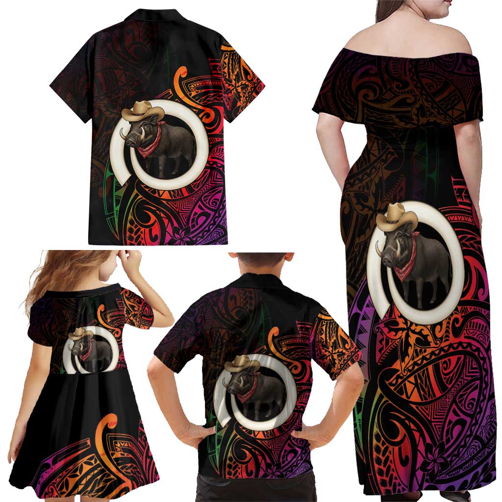 Vanuatu Boar Cowboy Family Matching Off Shoulder Maxi Dress and Hawaiian Shirt Tusk Gradient Polynesian Pattern - Polynesian Pride