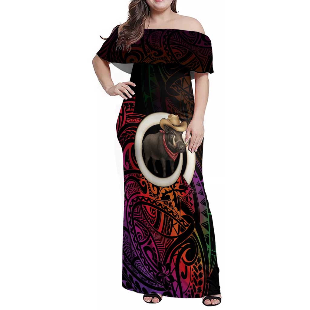 Vanuatu Boar Cowboy Family Matching Off Shoulder Maxi Dress and Hawaiian Shirt Tusk Gradient Polynesian Pattern - Polynesian Pride