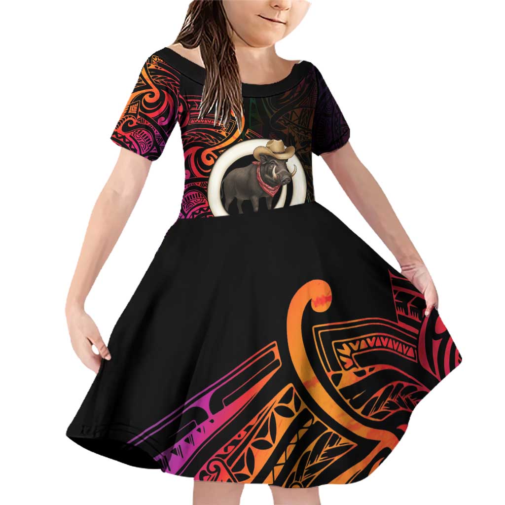 Vanuatu Boar Cowboy Family Matching Off Shoulder Short Dress and Hawaiian Shirt Tusk Gradient Polynesian Pattern - Polynesian Pride