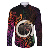 Vanuatu Boar Cowboy Family Matching Off Shoulder Short Dress and Hawaiian Shirt Tusk Gradient Polynesian Pattern - Polynesian Pride