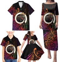 Vanuatu Boar Cowboy Family Matching Puletasi and Hawaiian Shirt Tusk Gradient Polynesian Pattern - Polynesian Pride