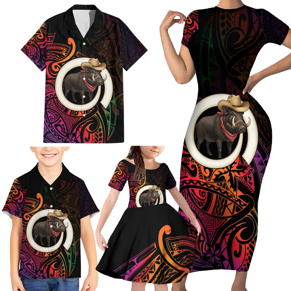 Vanuatu Boar Cowboy Family Matching Short Sleeve Bodycon Dress and Hawaiian Shirt Tusk Gradient Polynesian Pattern - Polynesian Pride