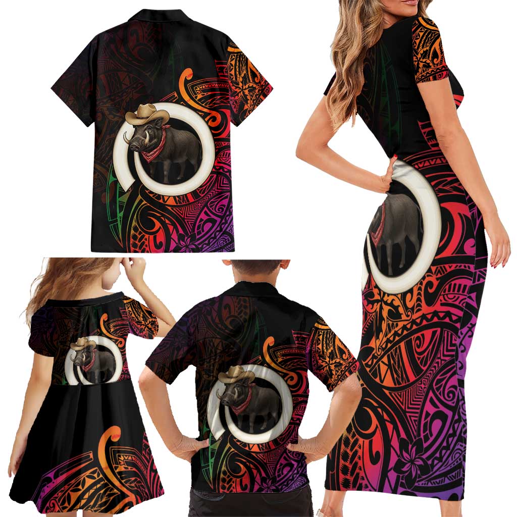 Vanuatu Boar Cowboy Family Matching Short Sleeve Bodycon Dress and Hawaiian Shirt Tusk Gradient Polynesian Pattern - Polynesian Pride
