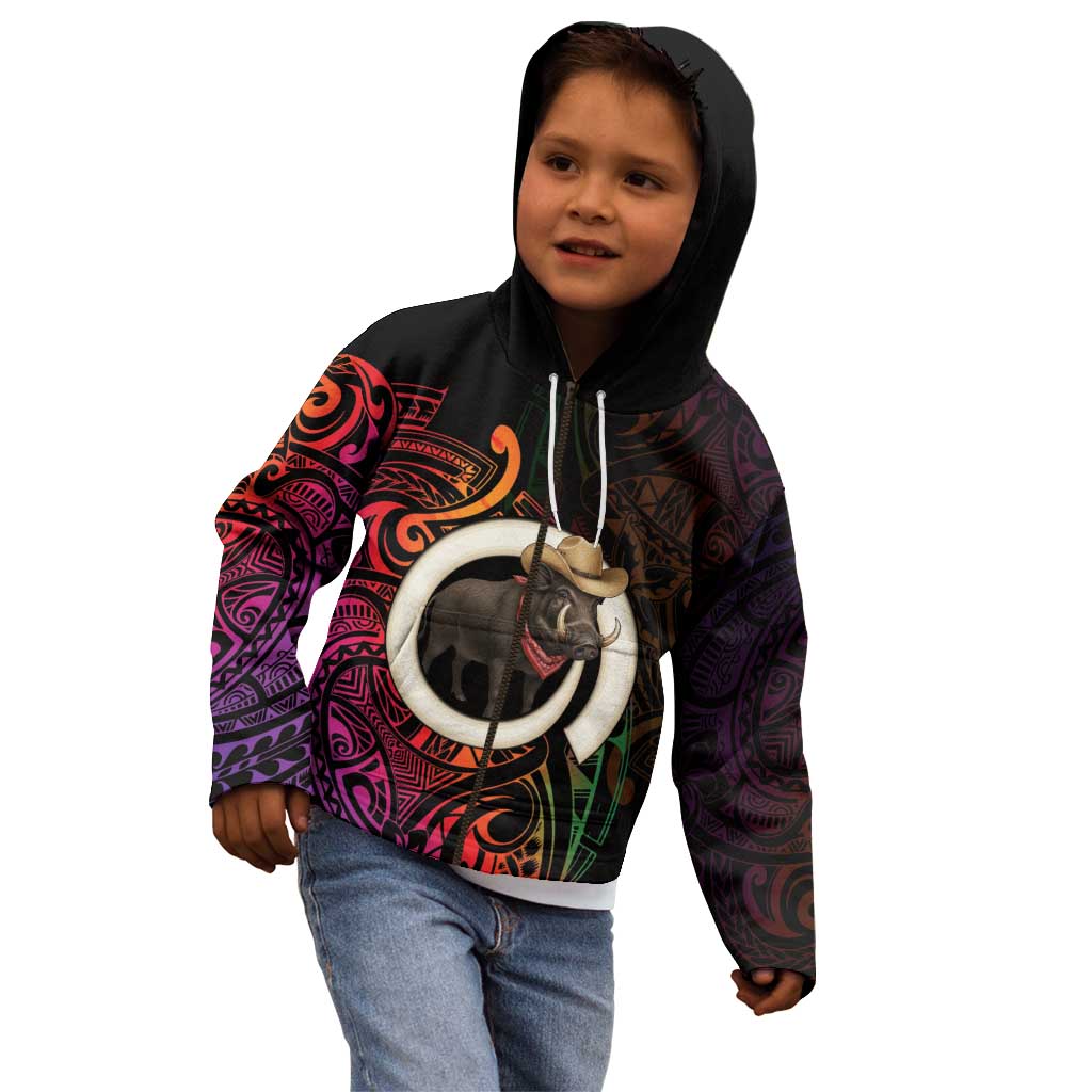Vanuatu Boar Cowboy Kid Hoodie Tusk Gradient Polynesian Pattern - Polynesian Pride