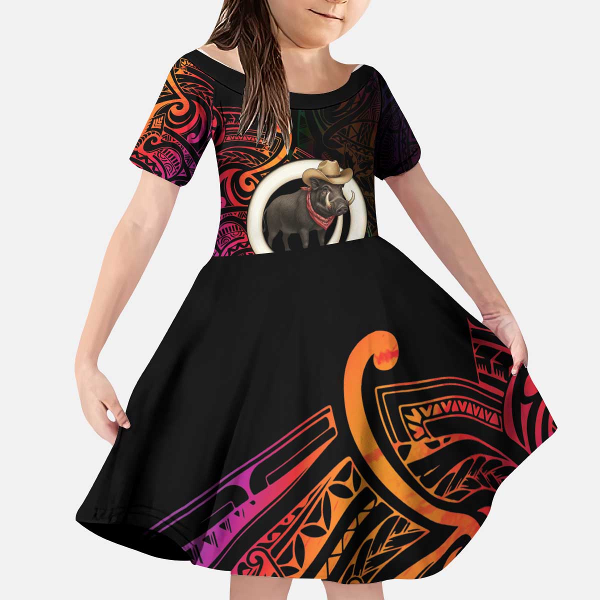 Vanuatu Boar Cowboy Kid Short Sleeve Dress Tusk Gradient Polynesian Pattern - Polynesian Pride