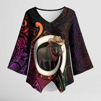 Vanuatu Boar Cowboy Kimono Sleeve Blouse Tusk Gradient Polynesian Pattern - Polynesian Pride