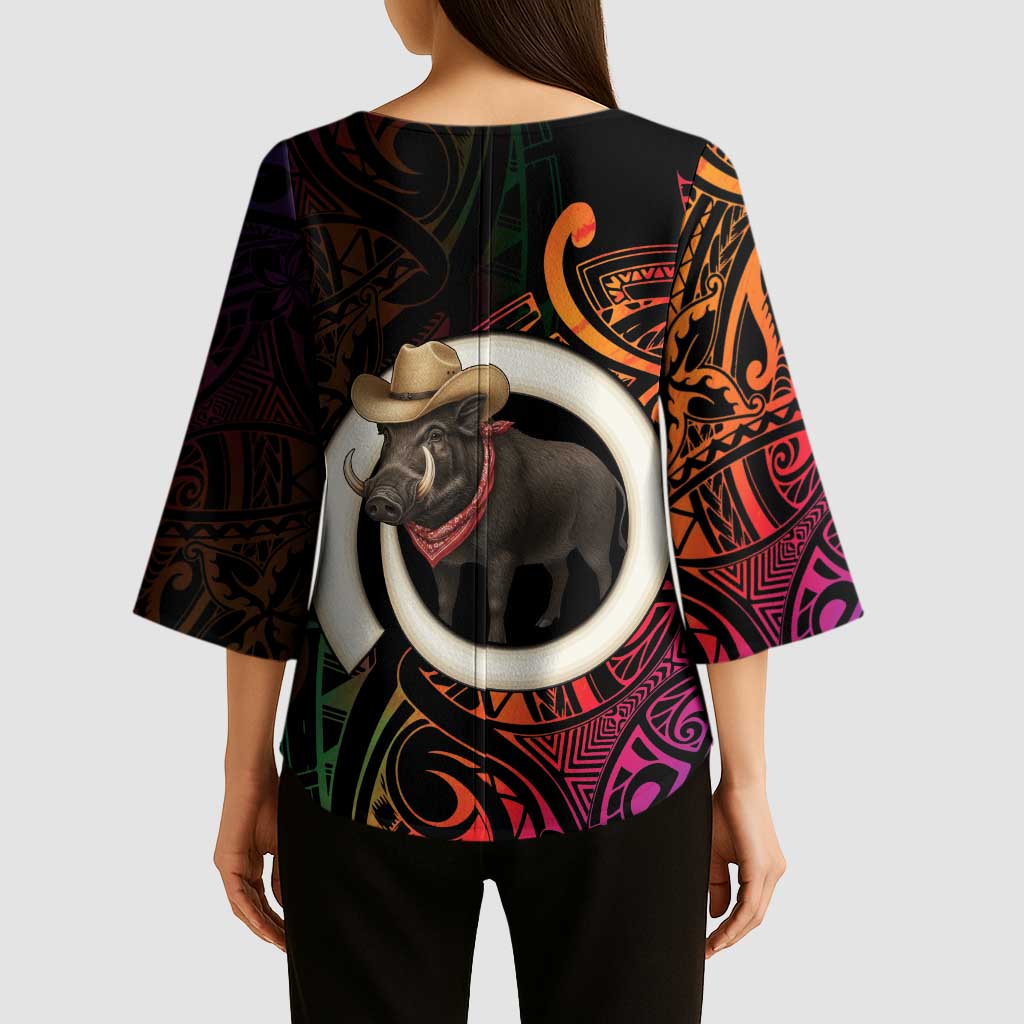 Vanuatu Boar Cowboy Kimono Sleeve Blouse Tusk Gradient Polynesian Pattern - Polynesian Pride