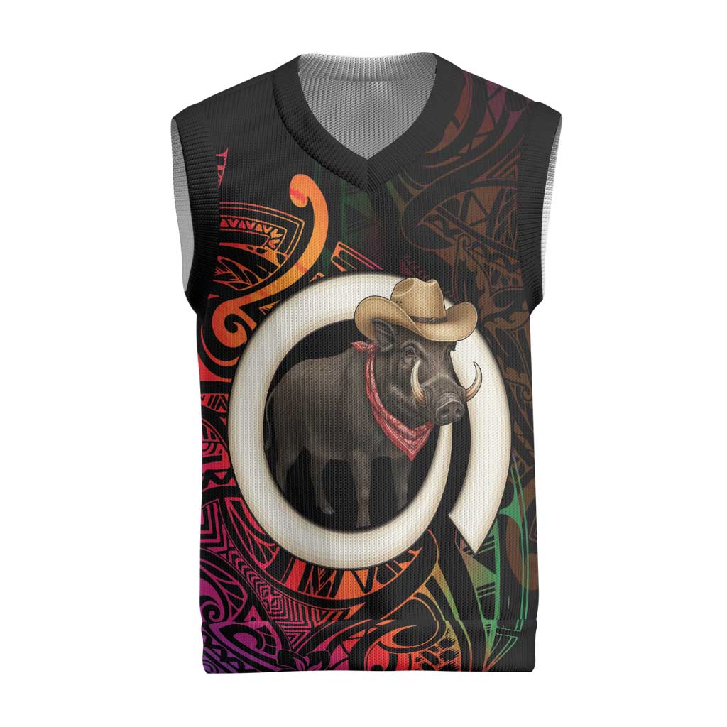 Vanuatu Boar Cowboy Christmas Knitted V-Neck Vest Tusk Gradient Polynesian Pattern - Polynesian Pride