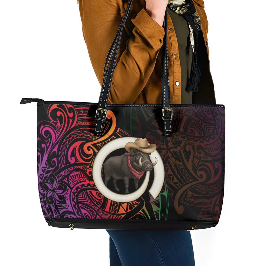 Vanuatu Boar Cowboy Leather Tote Bag Tusk Gradient Polynesian Pattern - Polynesian Pride
