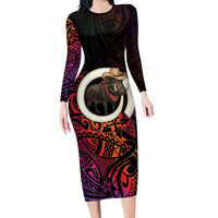 Vanuatu Boar Cowboy Long Sleeve Bodycon Dress Tusk Gradient Polynesian Pattern - Polynesian Pride