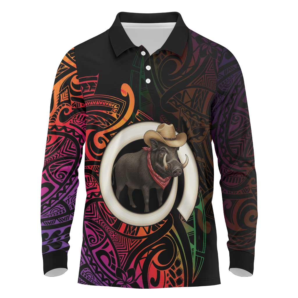 Vanuatu Boar Cowboy Long Sleeve Polo Shirt Tusk Gradient Polynesian Pattern - Polynesian Pride