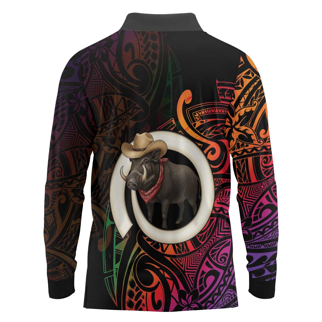 Vanuatu Boar Cowboy Long Sleeve Polo Shirt Tusk Gradient Polynesian Pattern - Polynesian Pride