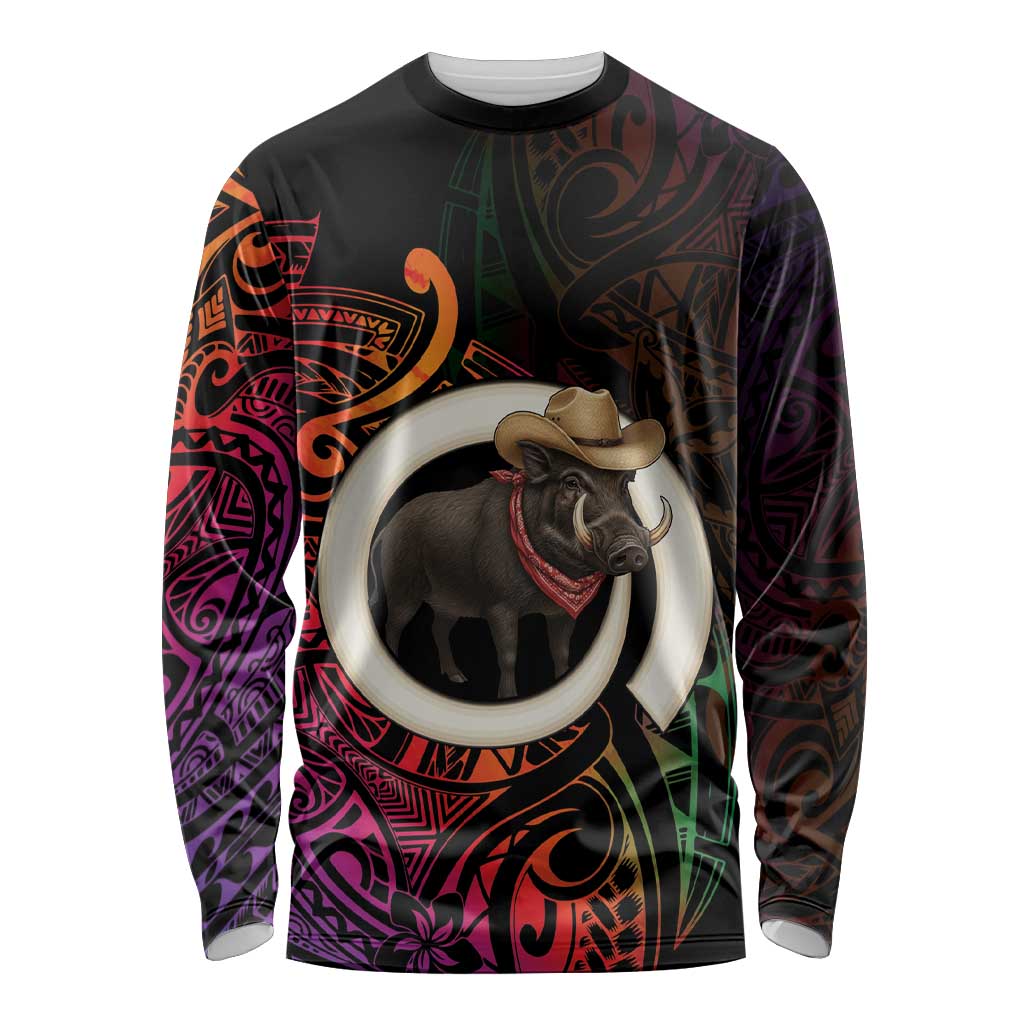 Vanuatu Boar Cowboy Long Sleeve Shirt Tusk Gradient Polynesian Pattern - Polynesian Pride