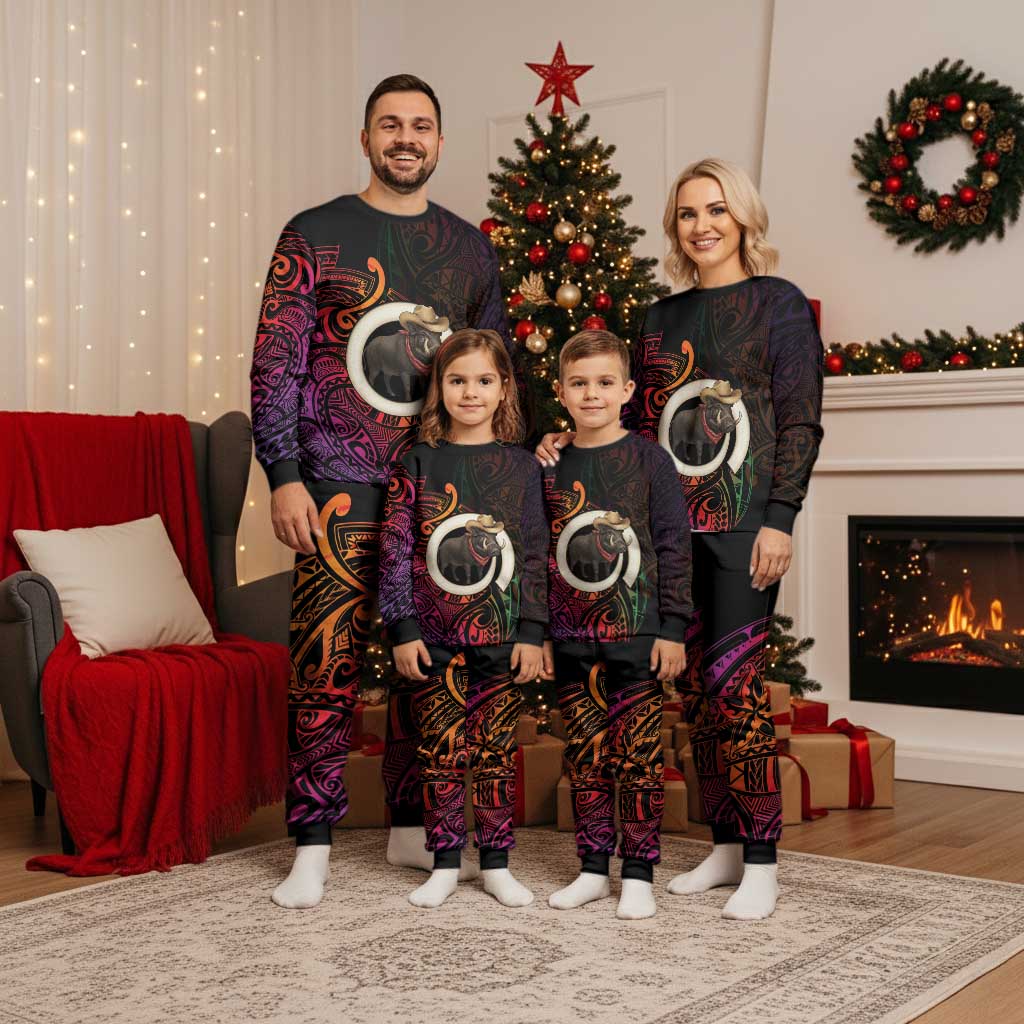 Vanuatu Boar Cowboy Christmas Pajama Set Tusk Gradient Polynesian Pattern - Polynesian Pride