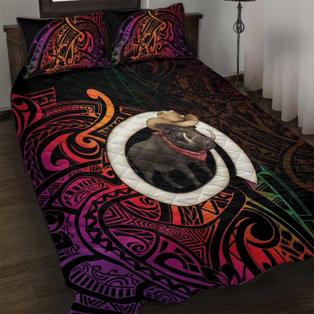 Vanuatu Boar Cowboy Quilt Bed Set Tusk Gradient Polynesian Pattern - Polynesian Pride