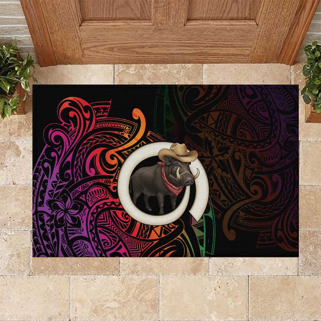 Vanuatu Boar Cowboy Rubber Doormat Tusk Gradient Polynesian Pattern - Polynesian Pride
