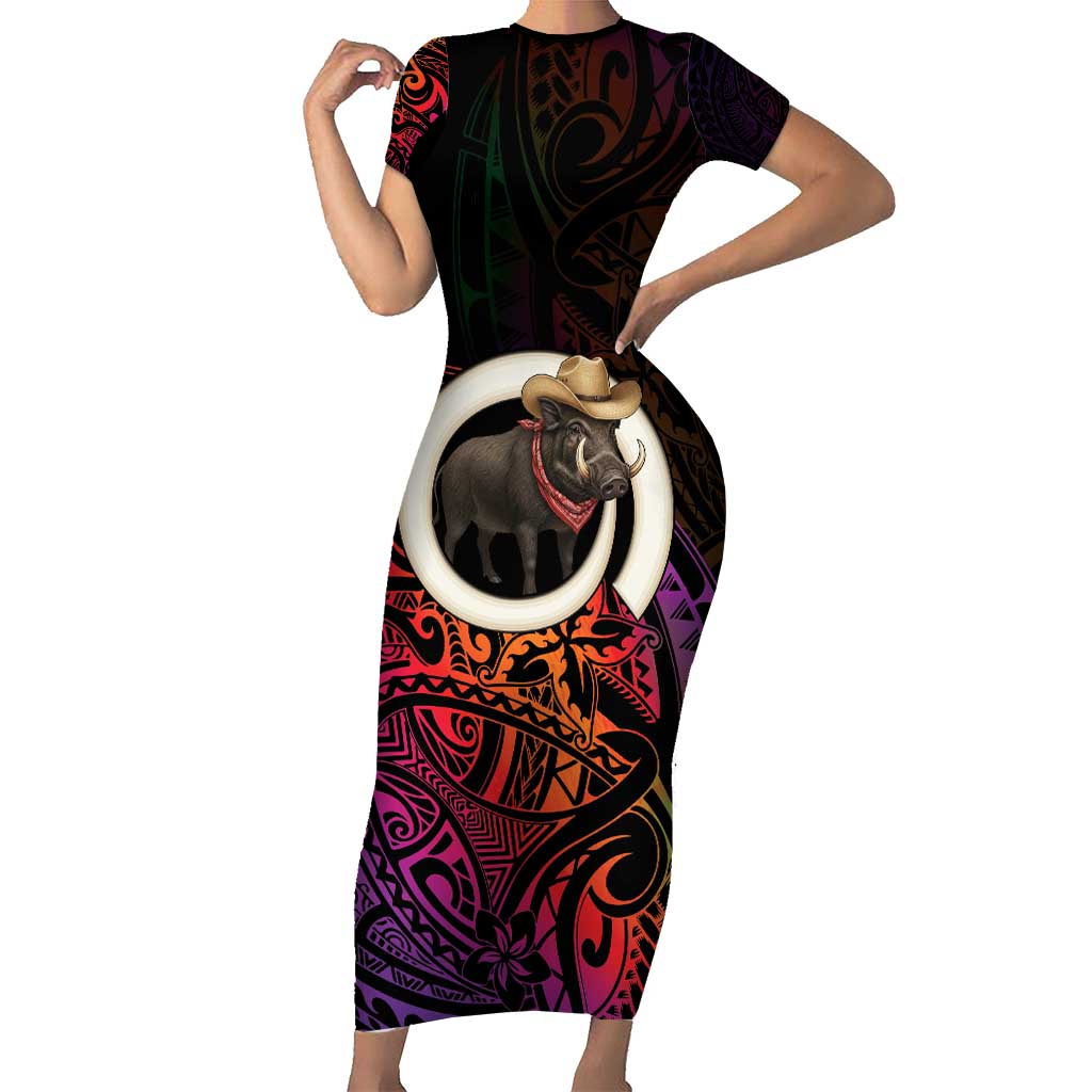 Vanuatu Boar Cowboy Short Sleeve Bodycon Dress Tusk Gradient Polynesian Pattern - Polynesian Pride
