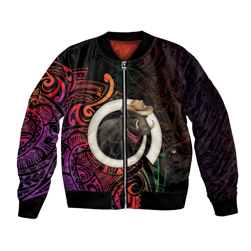 Vanuatu Boar Cowboy Sleeve Zip Bomber Jacket Tusk Gradient Polynesian Pattern - Polynesian Pride