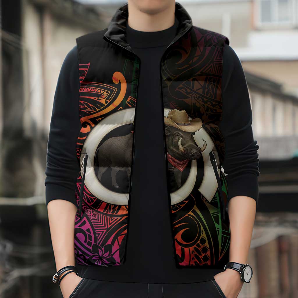 Vanuatu Boar Cowboy Sleeveless Puffer Jacket Tusk Gradient Polynesian Pattern - Polynesian Pride