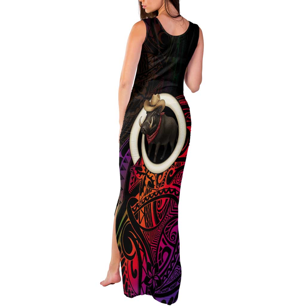 Vanuatu Boar Cowboy Tank Maxi Dress Tusk Gradient Polynesian Pattern - Polynesian Pride