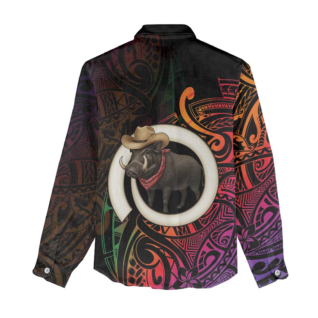 Vanuatu Boar Cowboy Women Casual Shirt Tusk Gradient Polynesian Pattern - Polynesian Pride
