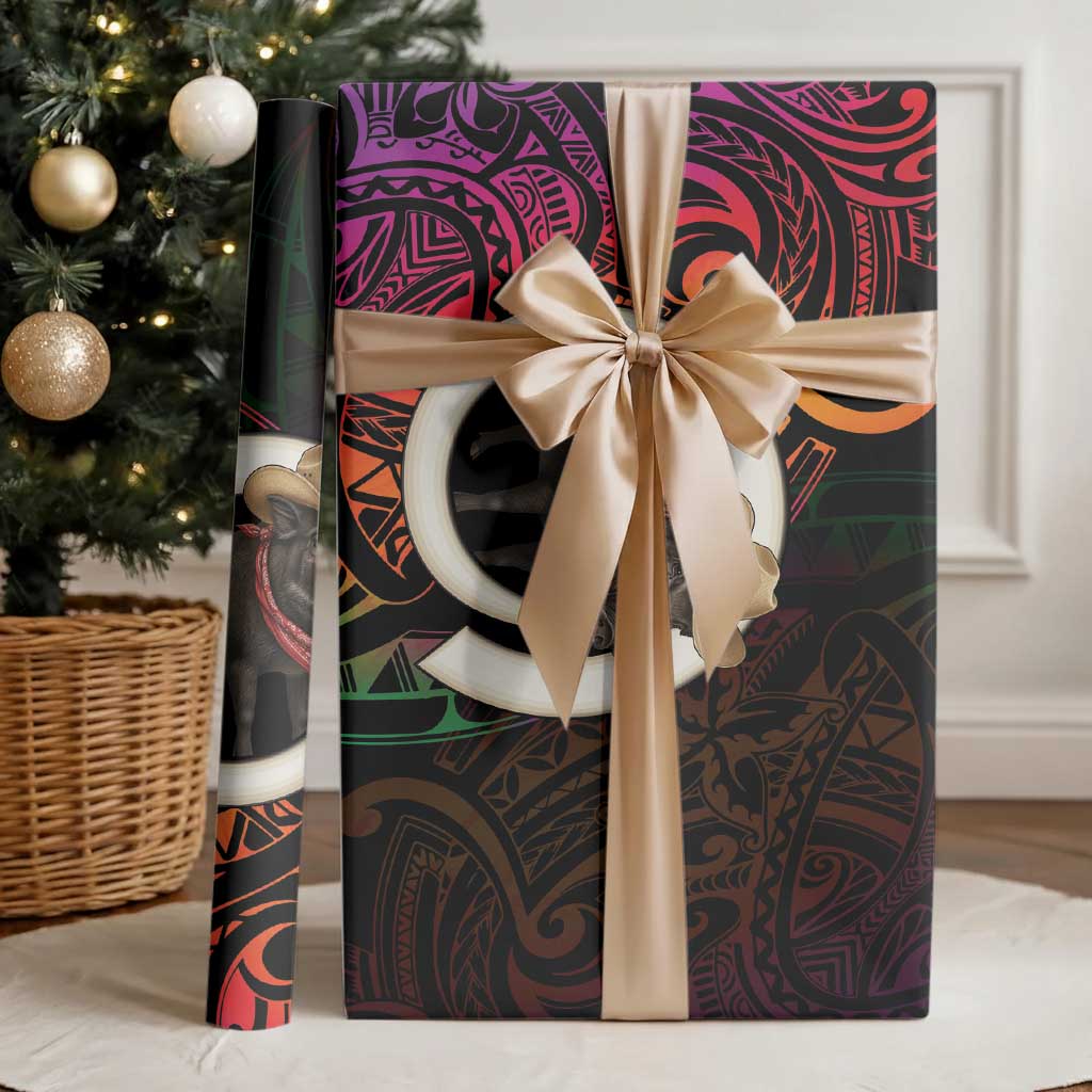 Vanuatu Boar Cowboy Wrapping Paper Tusk Gradient Polynesian Pattern - Polynesian Pride