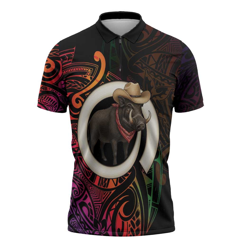 Vanuatu Boar Cowboy Zipper Polo Shirt Tusk Gradient Polynesian Pattern - Polynesian Pride
