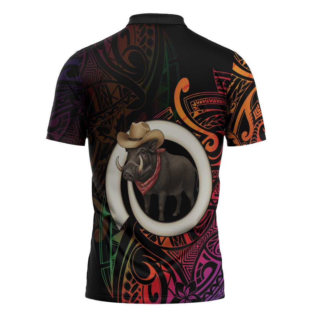 Vanuatu Boar Cowboy Zipper Polo Shirt Tusk Gradient Polynesian Pattern - Polynesian Pride