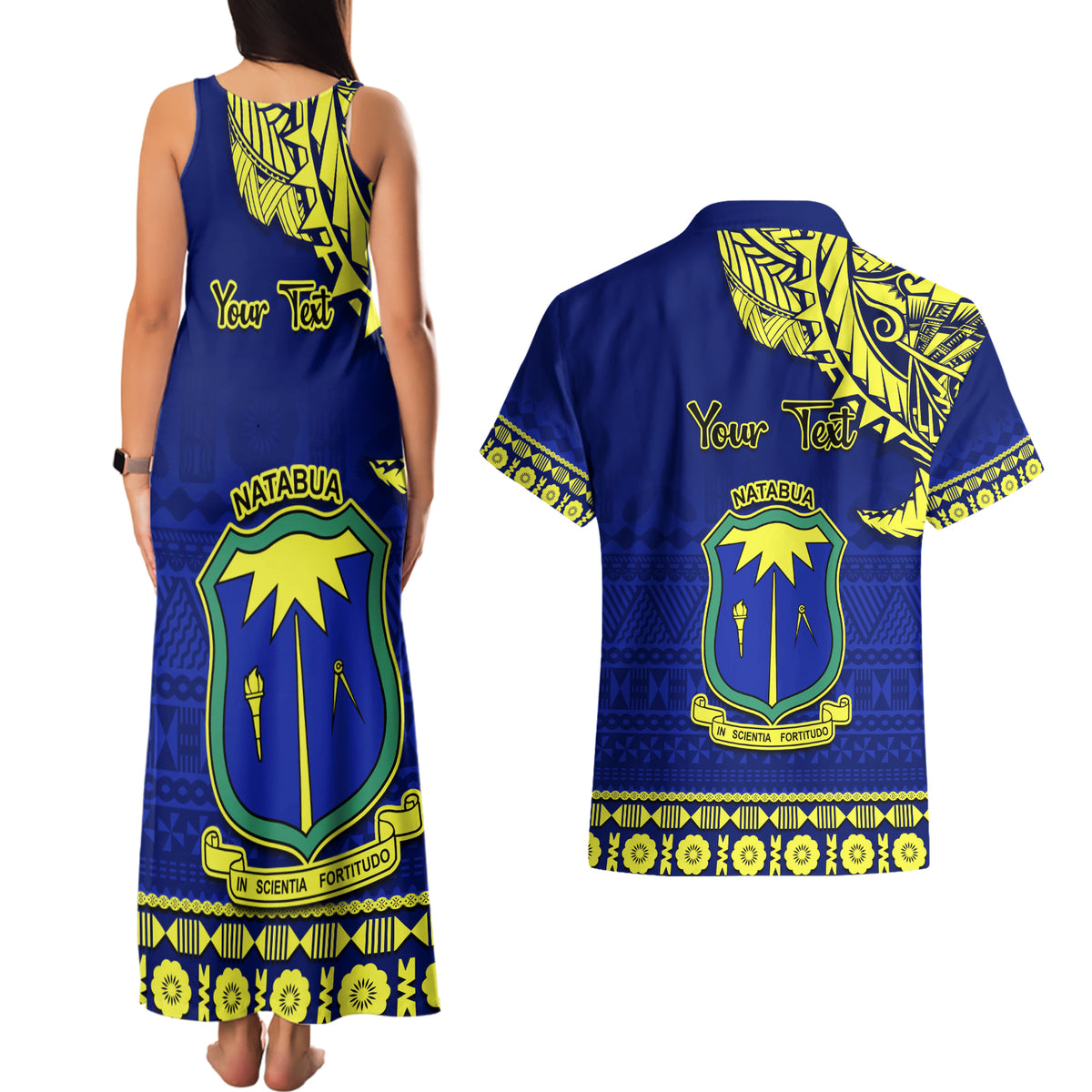 Personalised Fiji Natabua High School Couples Matching Tank Maxi Dress and Hawaiian Shirt Fijian Tapa Pattern LT14 - Polynesian Pride