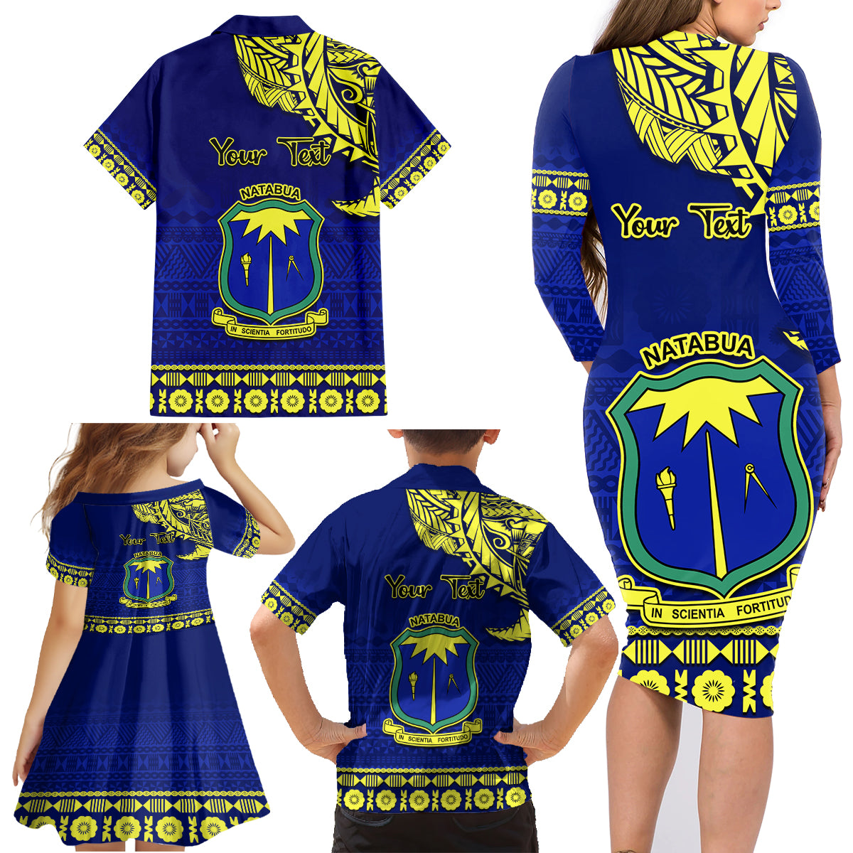 Personalised Fiji Natabua High School Family Matching Long Sleeve Bodycon Dress and Hawaiian Shirt Fijian Tapa Pattern LT14 - Polynesian Pride