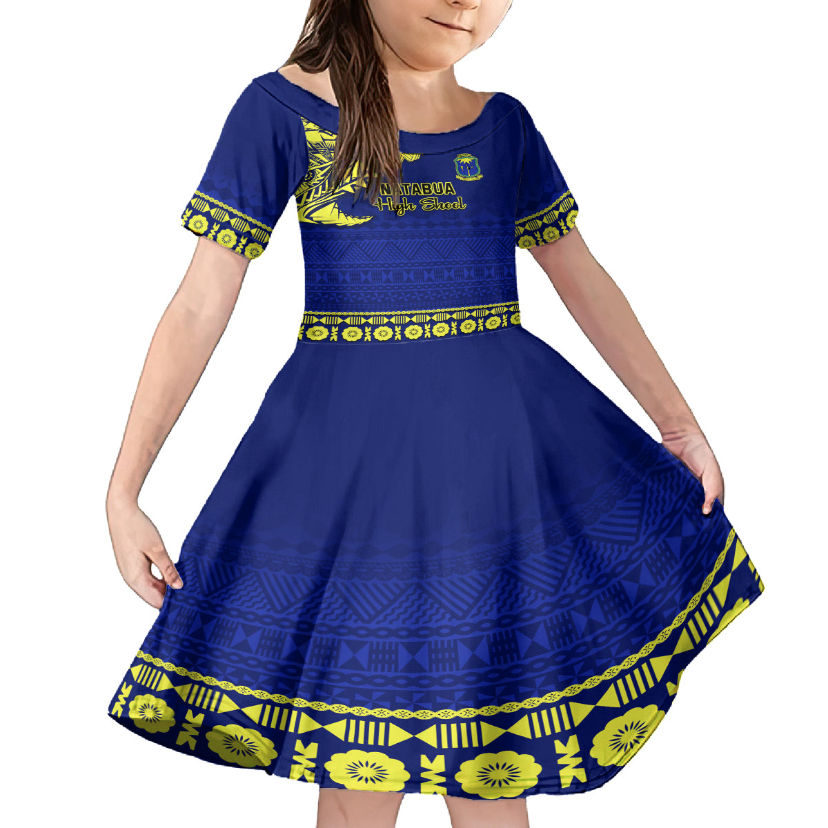 Personalised Fiji Natabua High School Family Matching Off Shoulder Long Sleeve Dress and Hawaiian Shirt Fijian Tapa Pattern LT14 Daughter's Dress Blue - Polynesian Pride