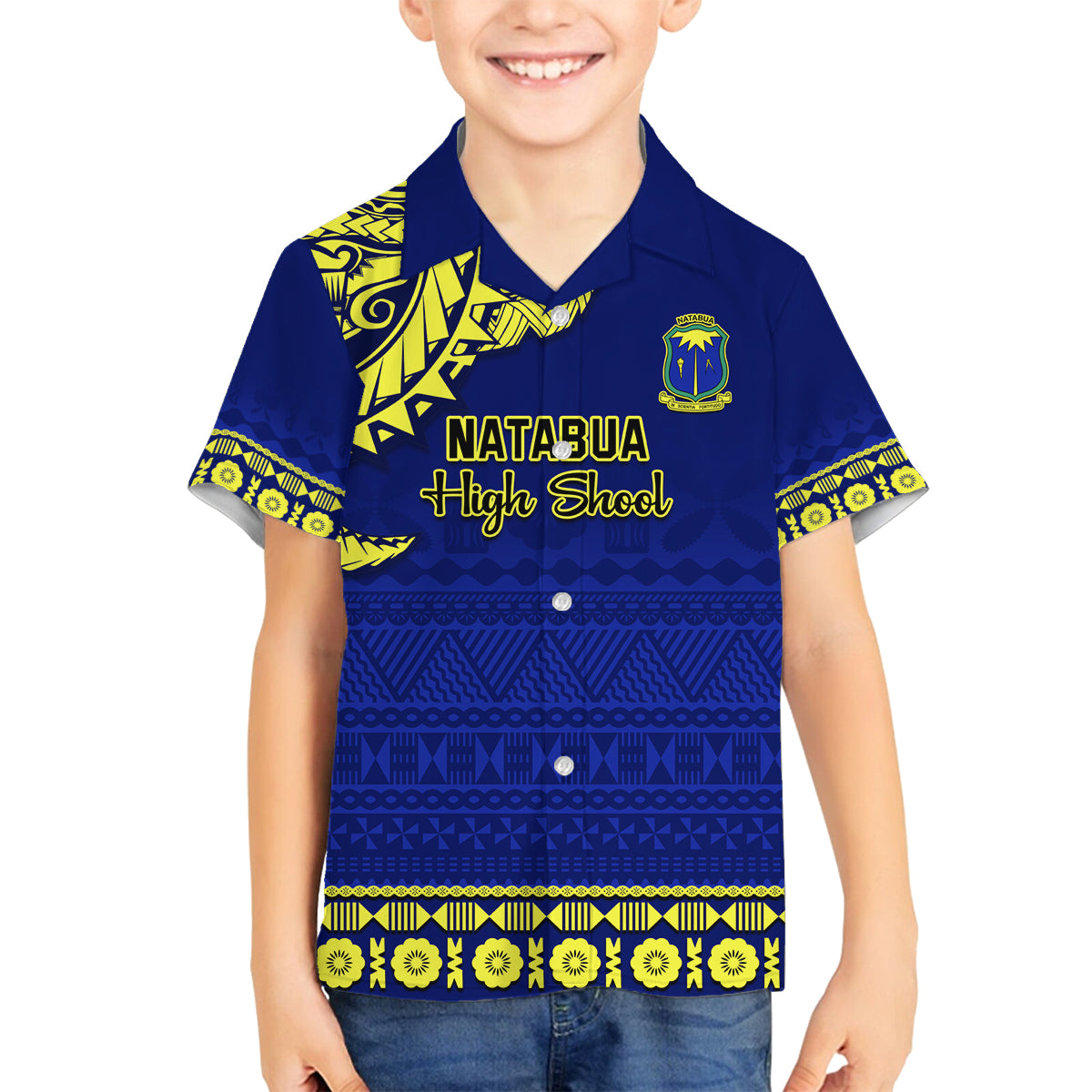 Personalised Fiji Natabua High School Family Matching Tank Maxi Dress and Hawaiian Shirt Fijian Tapa Pattern LT14 Son's Shirt Blue - Polynesian Pride