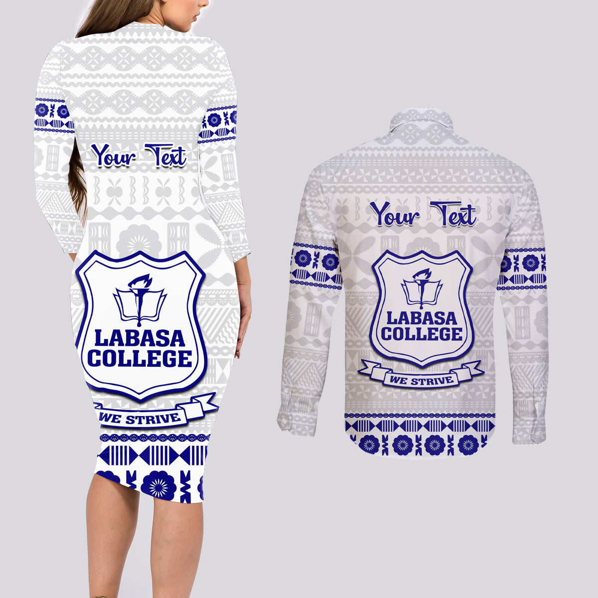 Personalised Fiji Labasa College Couples Matching Long Sleeve Bodycon Dress and Long Sleeve Button Shirt Fijian Tapa Pattern LT14 - Polynesian Pride